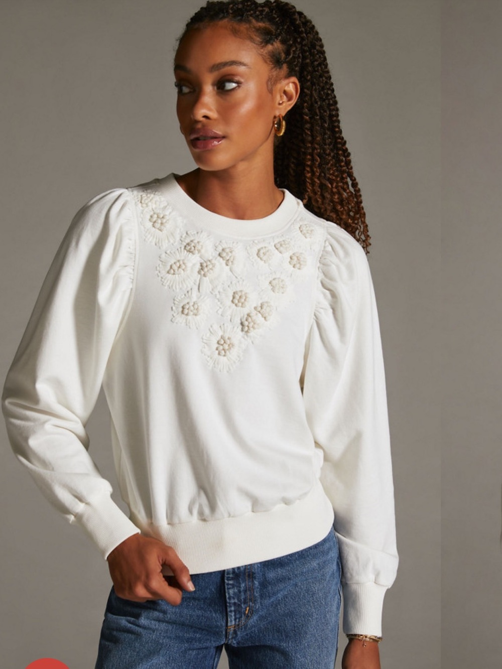 By Anthropologie Embroidered Floral Puff Sleeve White Sweatshirt. Cottagecore.